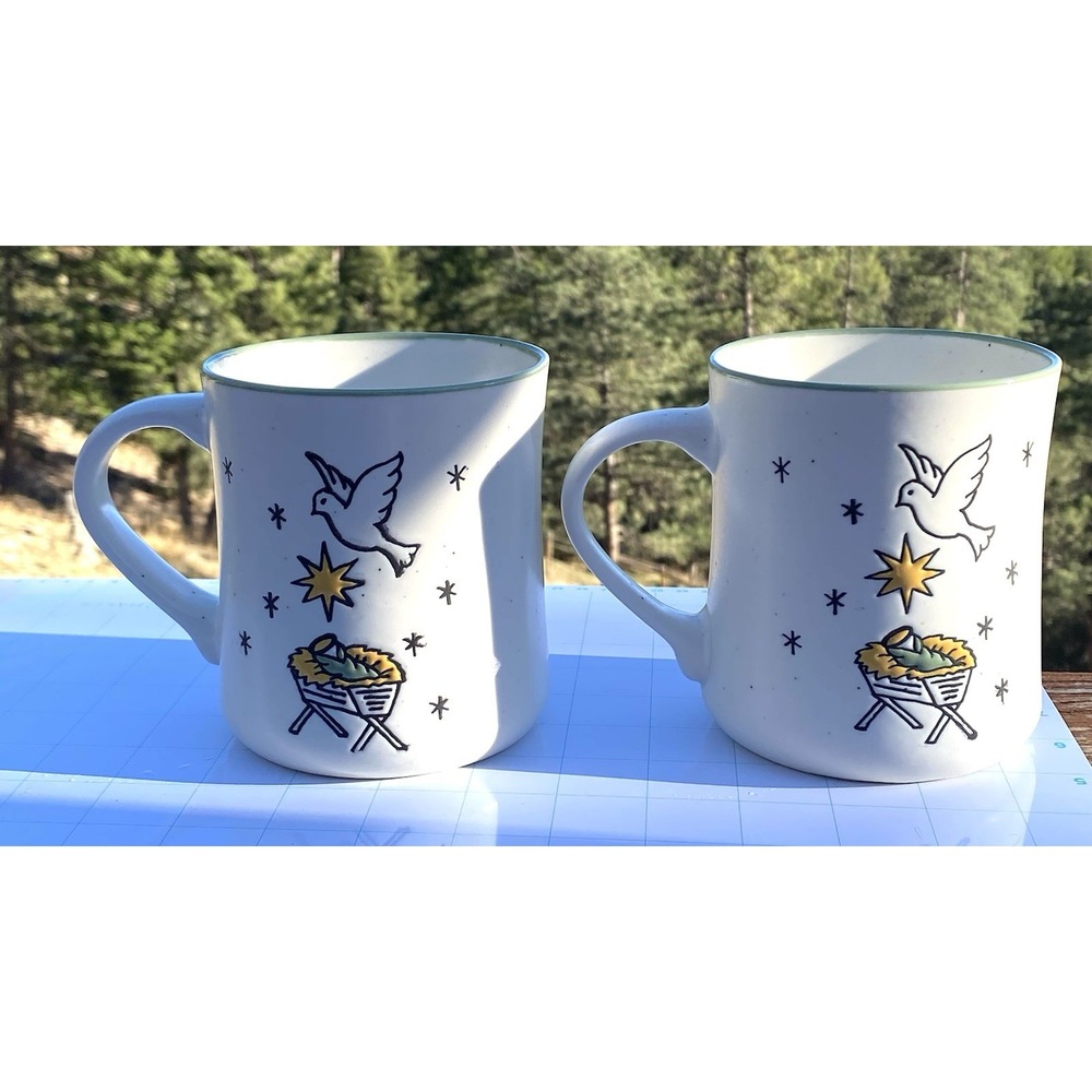 Lot Of 2 Peppermint & Pine Baby Jesus & Dove Mugs Hand Painted Nativity
